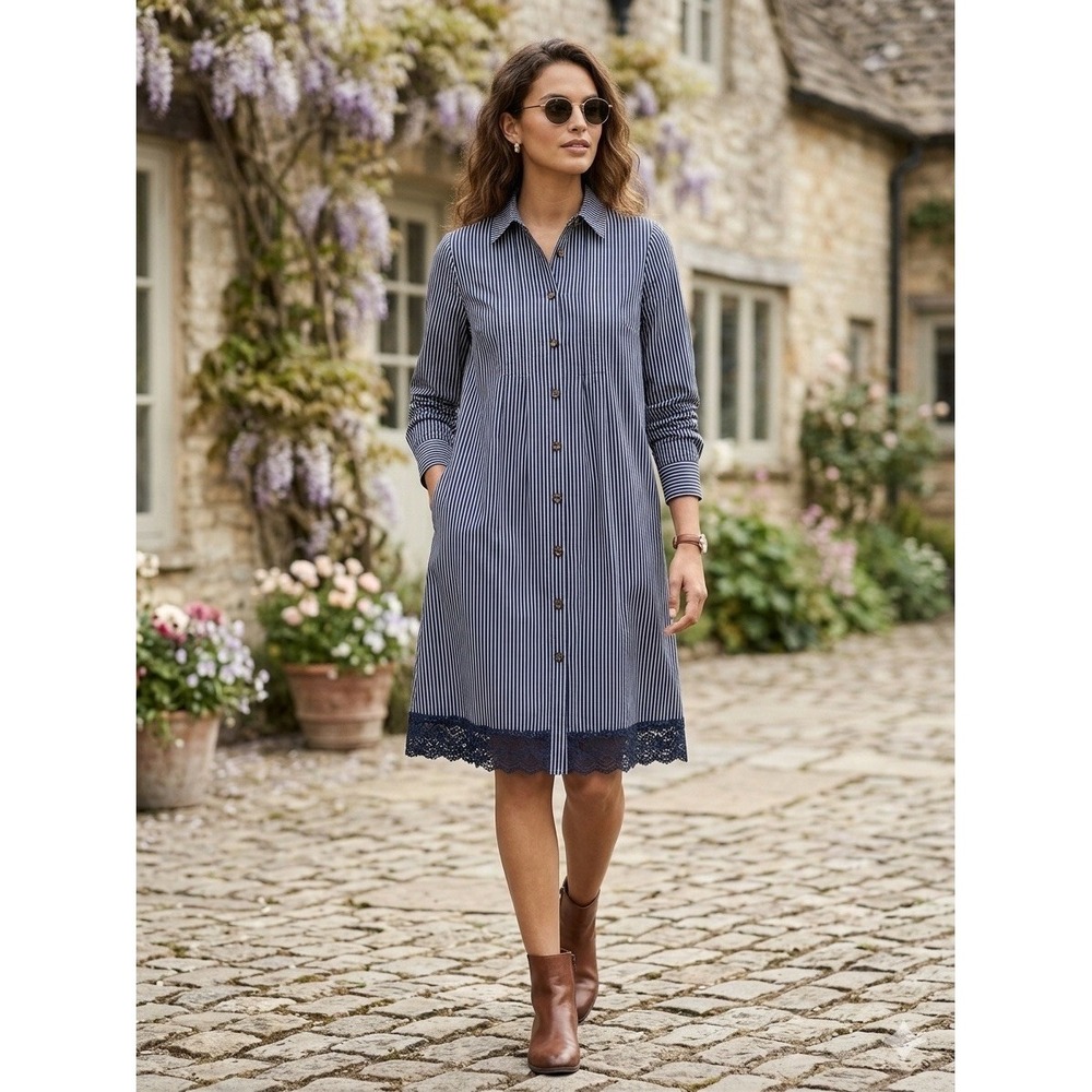 BUYKUD Navy White Striped Cotton Lace Trim Button Down Shirt Dress Long Sleeve